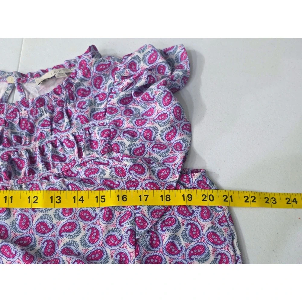 LOFT Womens Pink Purple Paisley Smocked Ruffle Neck Short Sleeve Blouse Size M